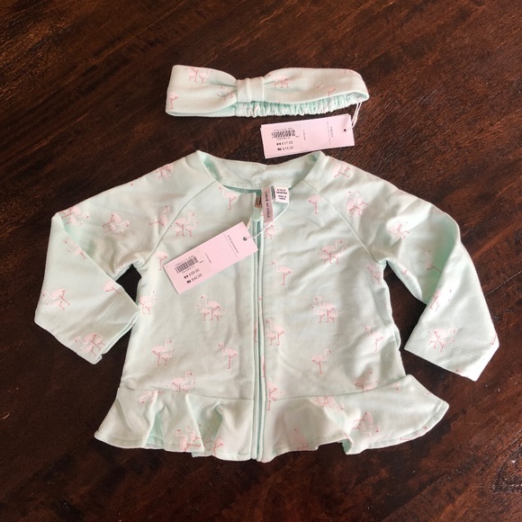 Janie and Jack Other - Flamingo Print Zip Up Top and Headband NWT Size 6-12 Mo
